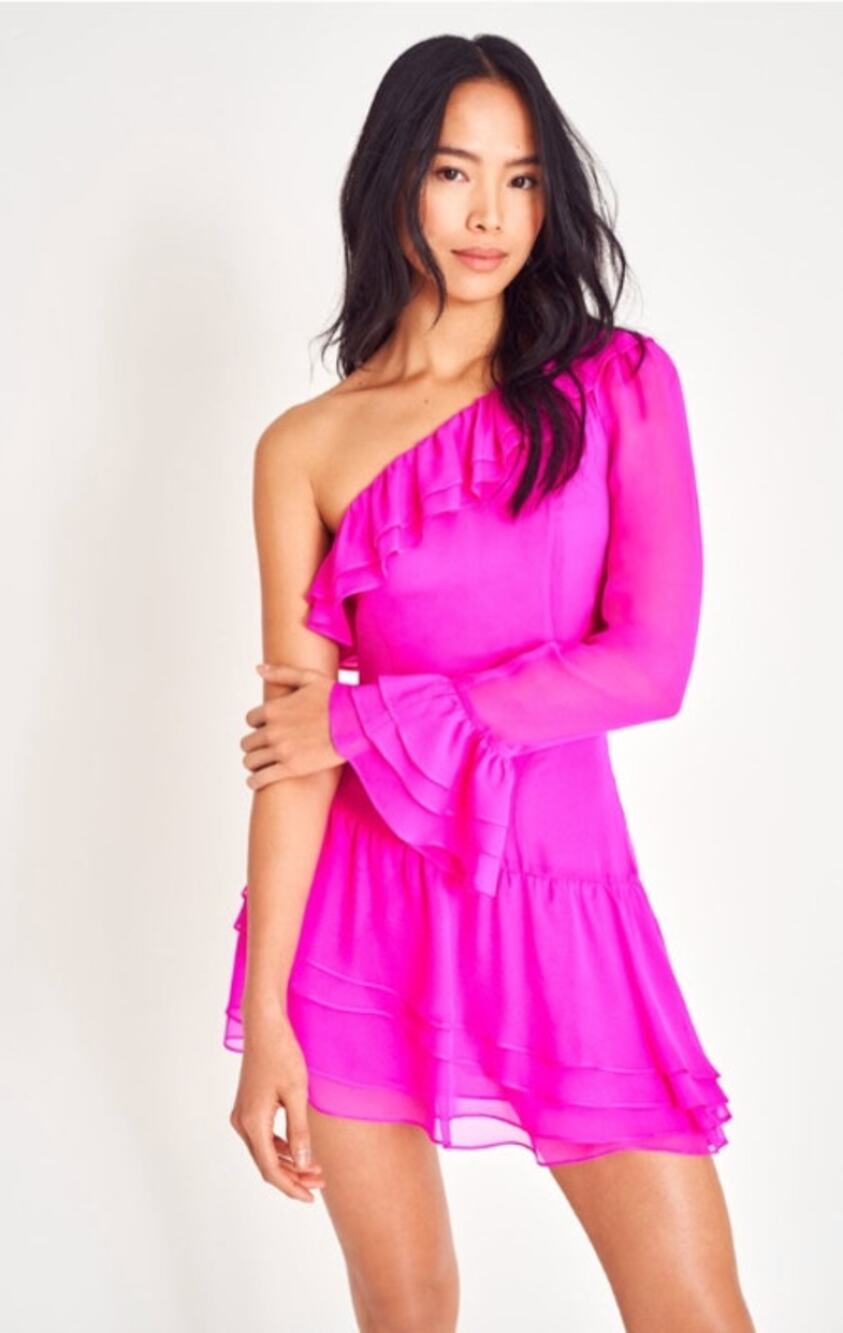 LoveShackFancy Darling One Shoulder Sheer Mini Dress Flirty Fuschia Size 00
